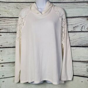 Soleillee Women’s 2X White Long Sleeve Hoodie Lace Shoulder Pullover Plus Size T
